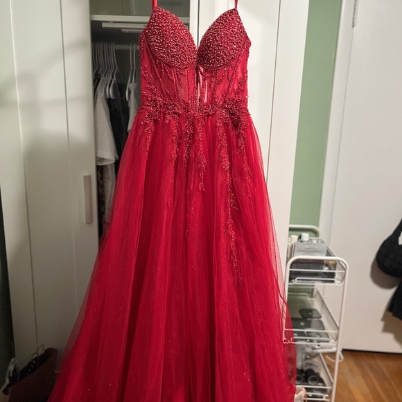 Elegant Red Beaded Prom Dress - Size 2 (Professionally Altered) - Picture 1 of 16